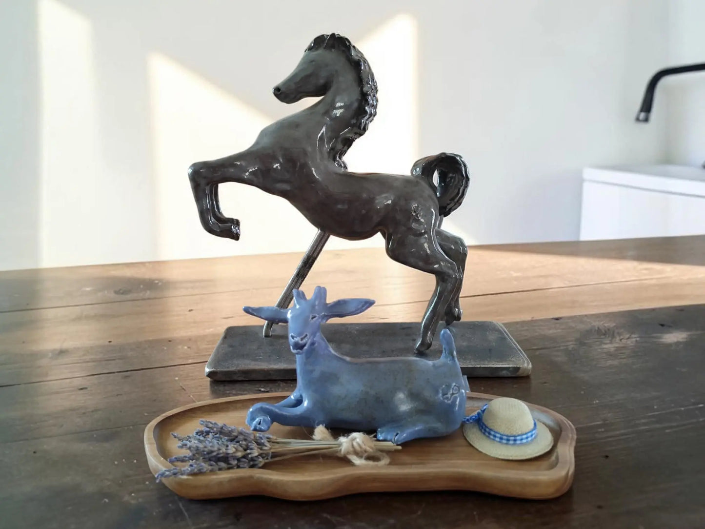 Blue Lavender Goat Glazed earthenware with wooden stand