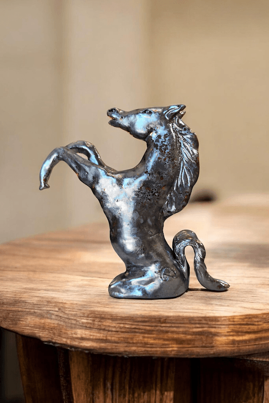 Silver-grey rearing horse Sculpture in earthenware with effect glaze