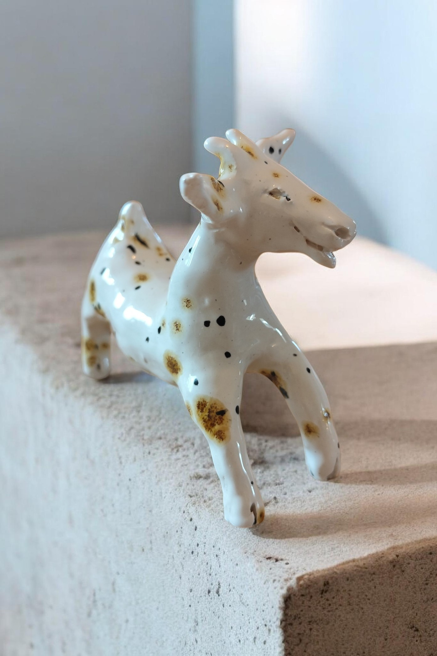 Goat Figurine White Earthenware with Glaze Effect Handmade Ceramic Ardèche