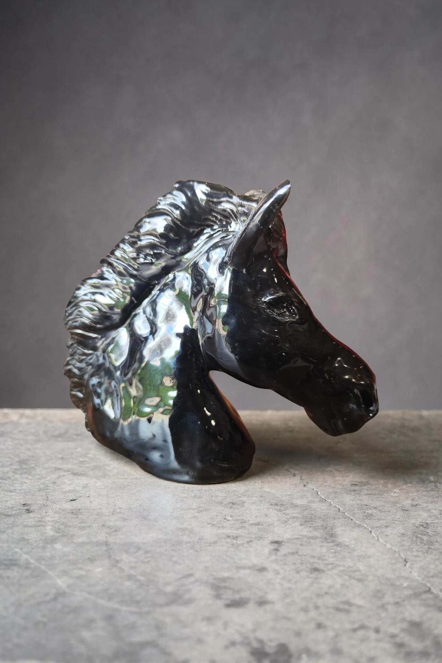 Sculpted horse head - Glossy black glazed ceramic