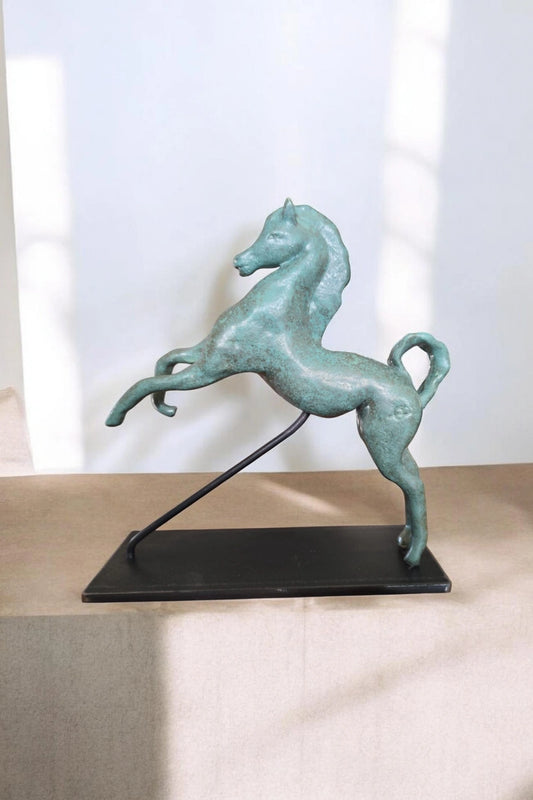 Cheval Cabré en Faïence Émaillée Vert Bronze